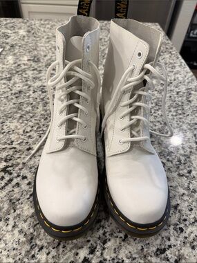 Dr. Martens White Lace-Up Combat Boots with Yellow Stitching